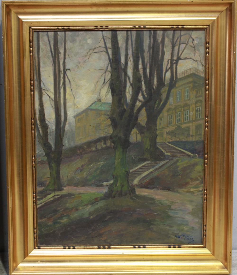 A. Lundgrun, (20th century Danish), winter landscape study of trees and buildings in a park,