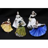 Five small Royal Doulton and Coalport porcelain figures. Doulton: Buttercup HN 3268; Kirsty HN 3743,