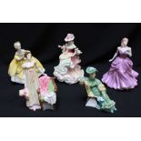 Five Royal Doulton porcelain ladies: Flowers of Love HN 3709; Emma HN 3843 (72/3500); Ascot HN 2356;