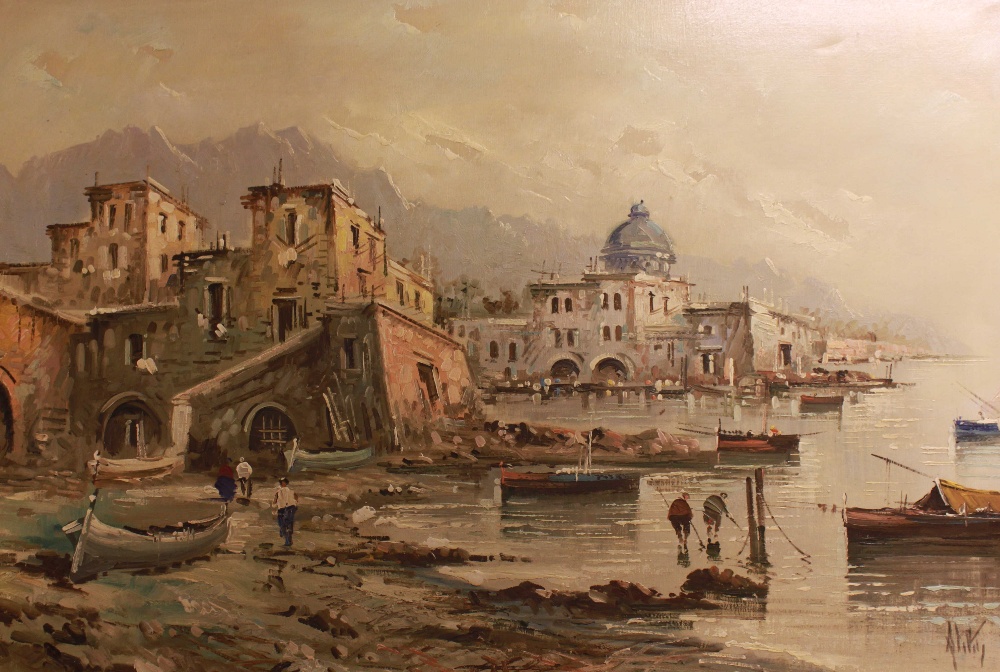 Eugeniusz Dzierczenki (1904-1990), a continental town dock scene with boats by the quay against a - Image 2 of 2