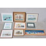 A collection of nine assorted prints, watercolours and oils, including a charming watercolour of a