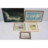 Unframed oil on canvas of a stormy sea, unsigned, a W.E. Atkins coloured print, Portsmouth