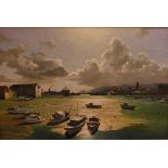 Derek Worth (20th century), Boats in harbour at low tide, signed, oil on canvas, 50cm x 75cm, in