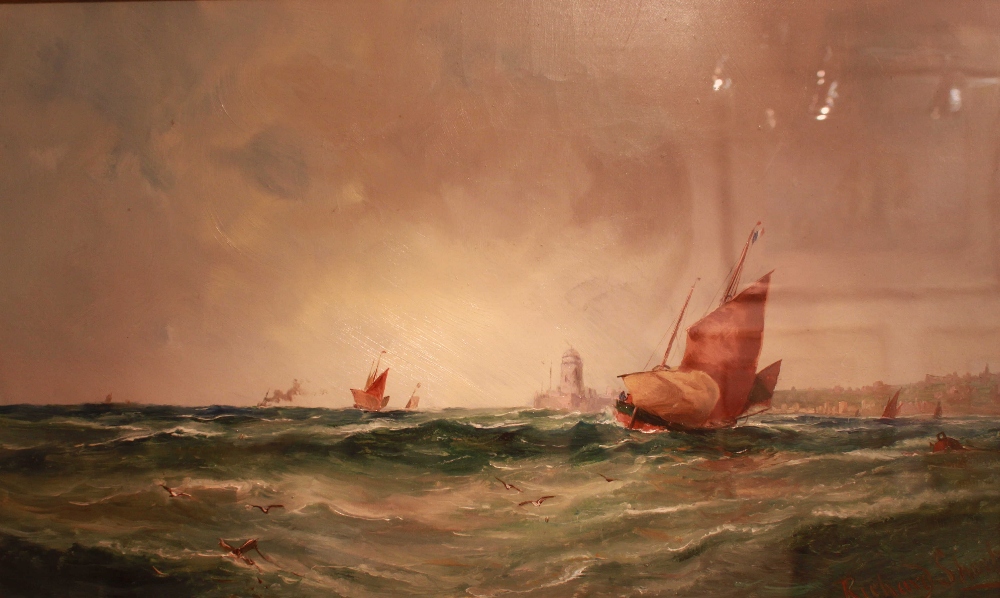 Richard Short (19th Century School) Sailing boats in choppy waters off a coastline, signed, oil on