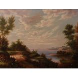 David Ronald (20th century), Landscape looking along a wooded path into a bay, signed, oil on