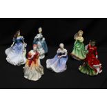 Six Royal Doulton porcelain figures: Rebecca HN4041; Masquerade HN2251; Elizabeth HN2946;