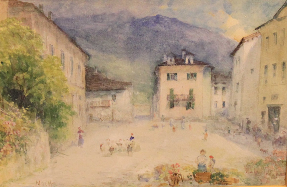 John MacWhirter, 1837-1911, small market place, D'Aosta, North Italy, signed, framed and glazed,