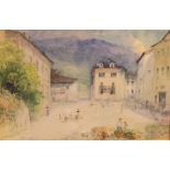 John MacWhirter, 1837-1911, small market place, D'Aosta, North Italy, signed, framed and glazed,