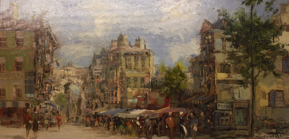 Thuoorschor (20th century), a French street scene with figures walking around a market with a city