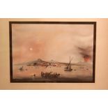19th Century Neapolitan School.  Figures in boats in the Bay of Naples at dawn and dusk, with an