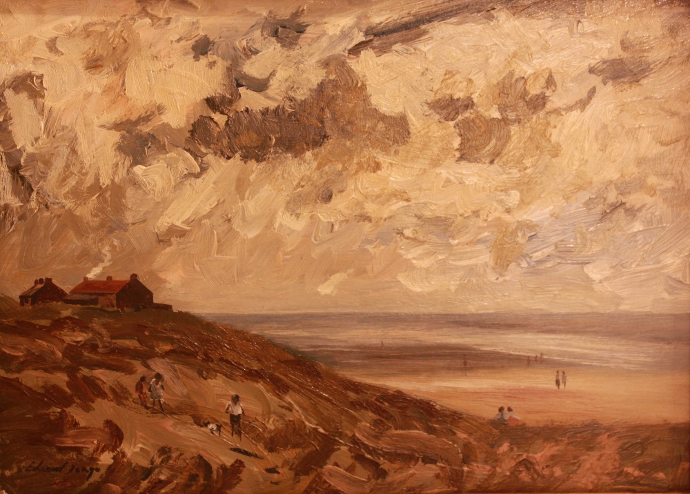 Edward Seago (Circle of), 'Coastal beach scene with figures and cottages, oil on board, 25 x 35cm,