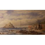 W. Bartlett (early 20th century) English.  A rocky coastal scene with figures and ships in the