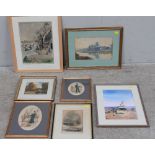 A collection of seven assorted prints and watercolours of maritime scene and landscapes