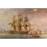 D.E. Beer.  "HMS Victory leaving Portsmouth Harbour and passing the Round Tower", signed,