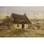 J. Jackarty (19th century).  A country cottage scene with chickens and a figure at the gate, a