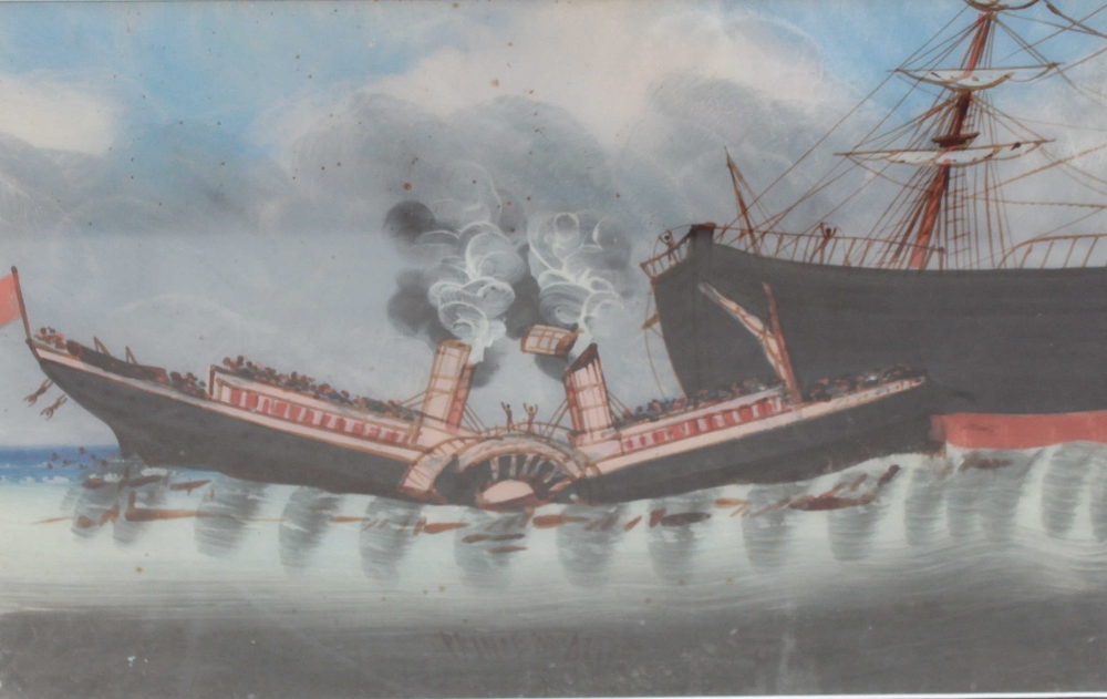 A 19th century painting on glass 'Princess Alice', a paddle steamer sinking, with a large ship