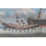 A 19th century painting on glass 'Princess Alice', a paddle steamer sinking, with a large ship
