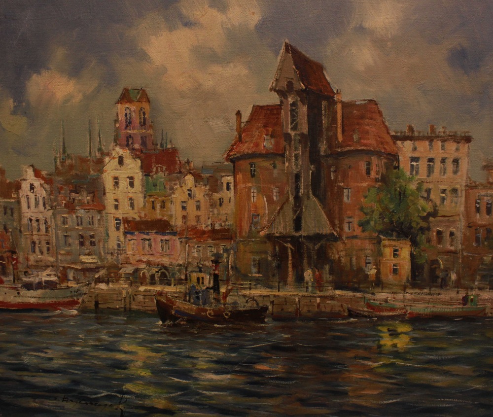 Eugeniusz Dzierczenki (1904-1990), a continental town dock scene with boats by the quay against a