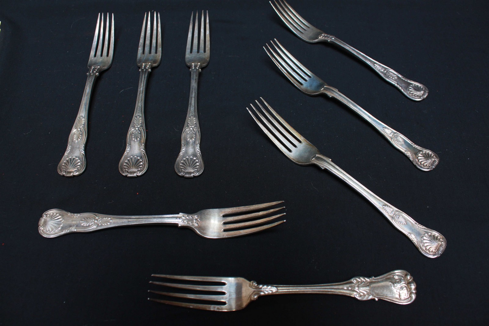 Eight Kings pattern table forks, various makers and dates, 23oz.