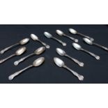 Eleven Kings pattern silver teaspoons, various makers and dates, 9oz, and a matching plated spoon.