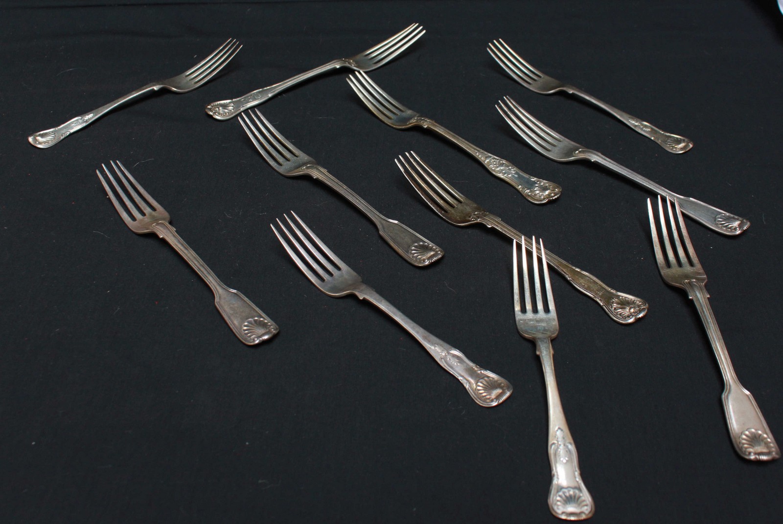 Eleven Kings pattern and other dessert forks various makers and dates, 19oz.