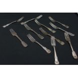 Eleven Kings pattern and other dessert forks various makers and dates, 19oz.