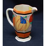 A Clarice Cliff Fantasque Melon pattern octagonal jug. Printed mark to base. Chip to foot. 18 cm