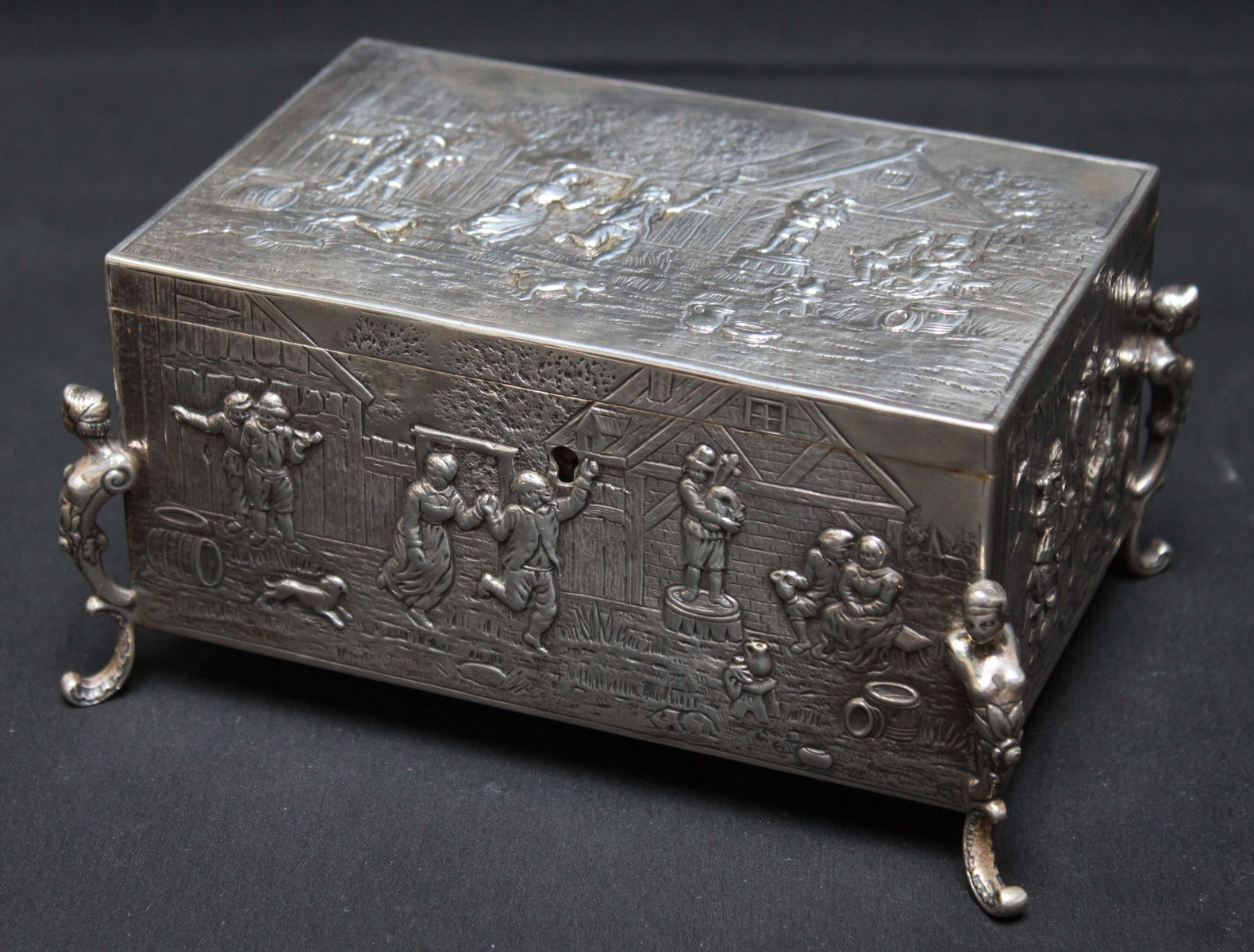 A Victorian continental silver embossed locking casket, import hallmarks for London 1898, the top,