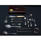 A collection of assorted silver and silver plated items including sugar nips, a napkin ring and salt