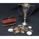 An early 20th century Chinese white metal trophy, together with a silver pocket watch, coins,