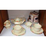 SECTION 26.  A 1930's Coronet ware eight-piece 'tea-for-two' set and a pottery biscuit barrel and