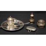 A three-piece silver cruet set, small British Embassy engraved silver circular dish, two spoons