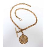 A 9ct gold Albert chain with cross bar and fob engraved with initials. 34.5 grams.