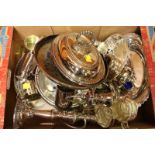 A quantity of silver-plated ware including two various galleried trays, entrée dishes,