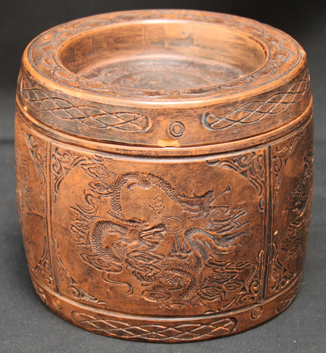 A Chinese Yixing type pottery cricket box and cover of cylindrical form, the cover and four-panelled - Image 7 of 8
