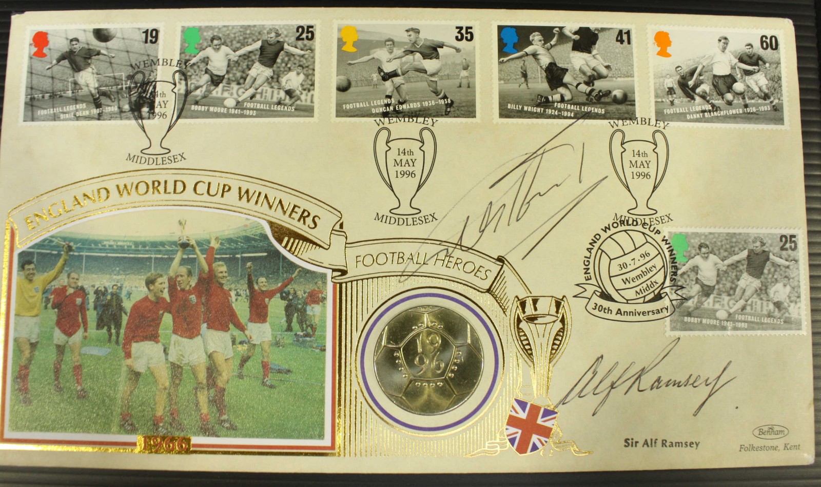 Stamps. A 1966 World Cup First Day cover, signed by Alf Ramsey and Geoff Hurst.