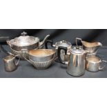 A silver plated three piece tea set with ebony handle, together with a small silver plated four