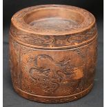 A Chinese Yixing type pottery cricket box and cover of cylindrical form, the cover and four-panelled