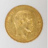 An 1856 French 50 Francs 21.6ct gold coin, inscribed 'Napoleon III Empereur', engraved by Jean-