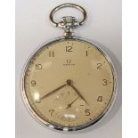 An Omega open-face pocket watch, with champagne dial, Arabic numerals, subsidiary dial, stainless