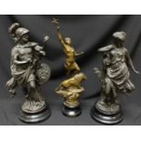 A pair of 19th century patinated spelter figures of Dianna the Huntress and Mars, the God of War,