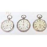 Three Victorian silver cased pocket watches, all with Roman numerals, denoting hours and