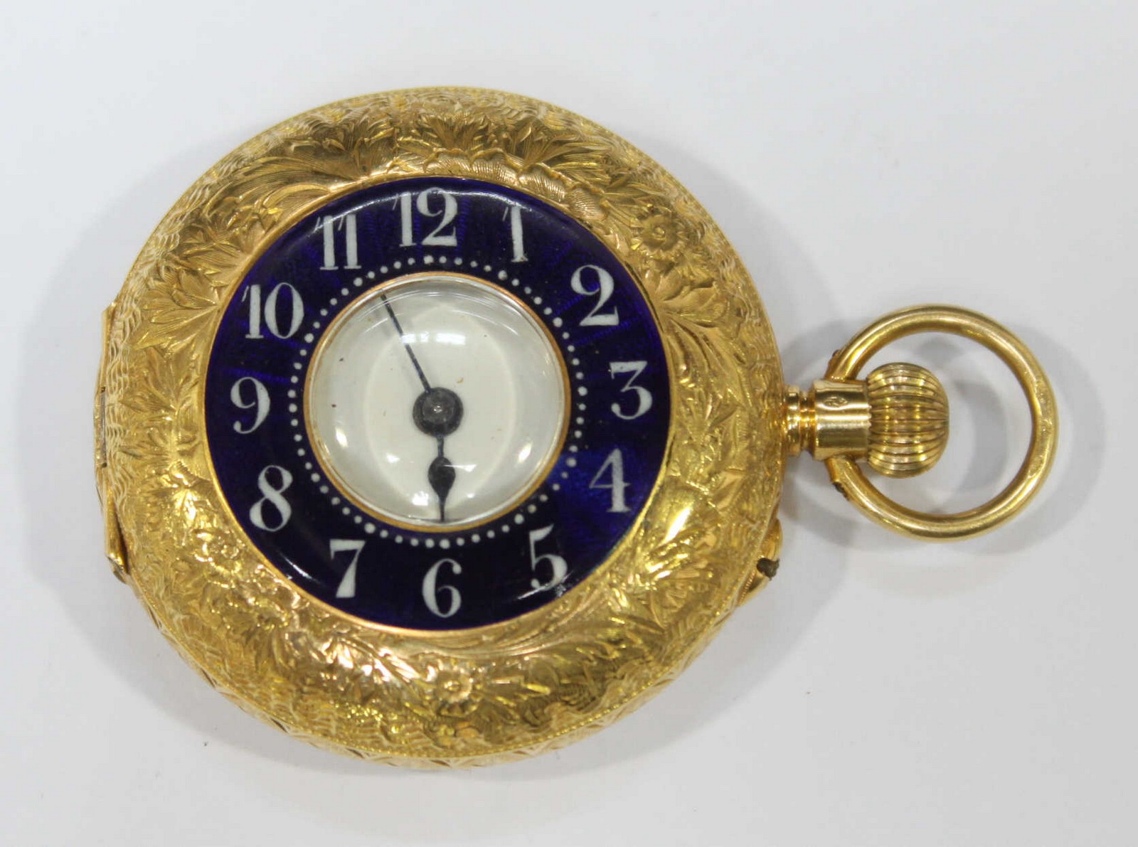 An 18ct gold engraved fob watch with blue enamelling to the face. - Image 2 of 2