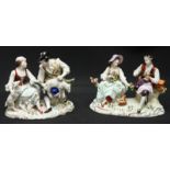 A pair of Sitzendorf porcelain pastoral figure-groups, the first modelled as a couple sheering