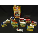 A collection of ten boxed Matchbox toy cars in excellent condition, together with a triple pack of