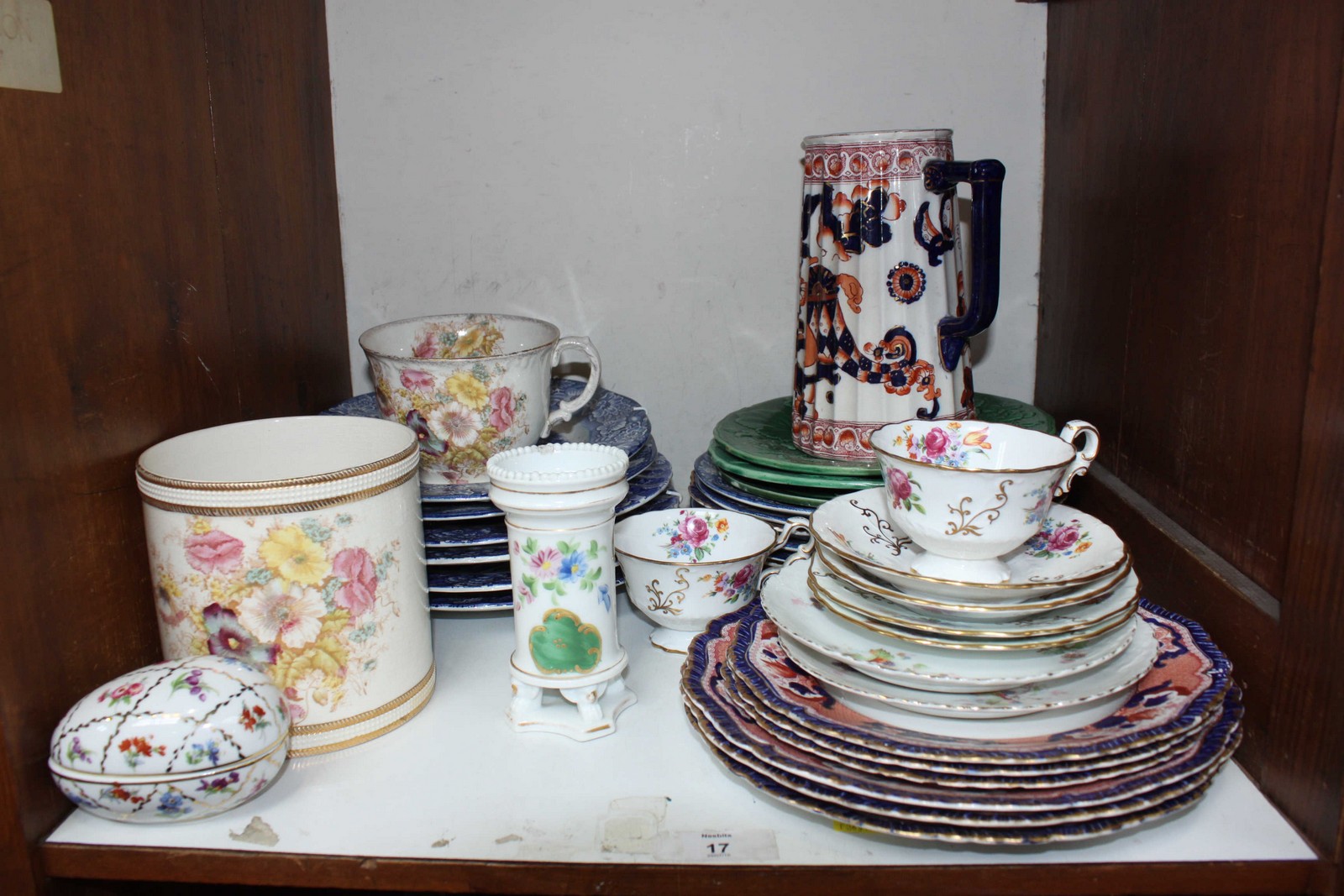 SECTION 17 & 18. Two shelves of assorted ceramics including blue and white china, a hunting tea set,