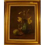 Crompton. A set of three still lives of fruit and flowers on a table with vessels. All oil on