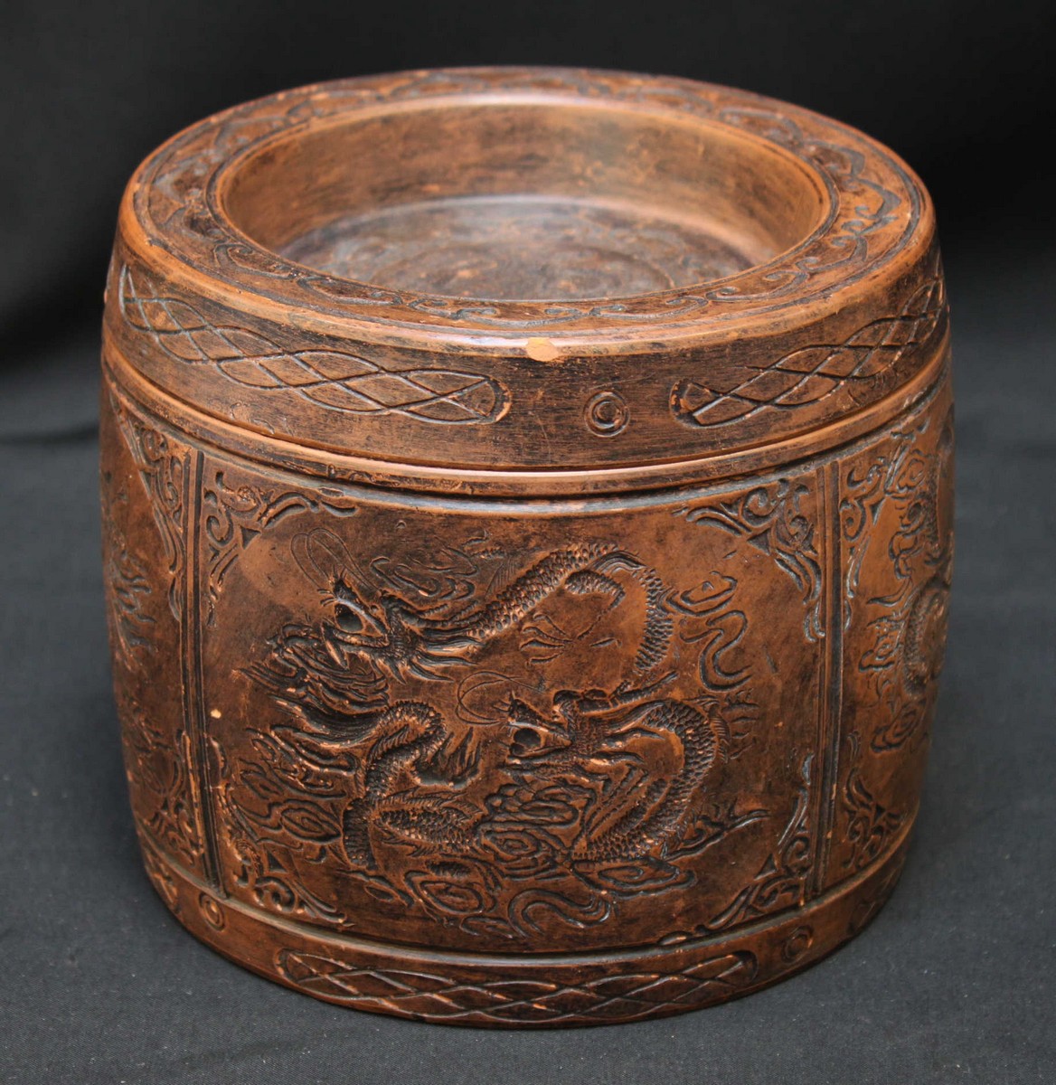 A Chinese Yixing type pottery cricket box and cover of cylindrical form, the cover and four-panelled - Image 2 of 8