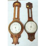 Two early 20th Century aneroid banjo barometers, one walnut with silvered dial barometer and