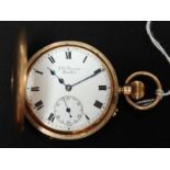 A 9ct gold J.W. Benson half hunter pocket watch, with white enamel dial and black Roman numerals,